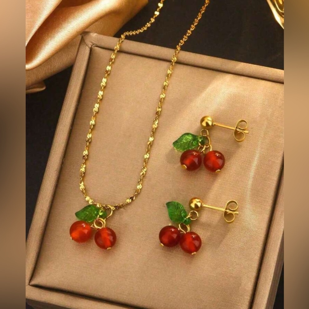 18K Gold Plated Stainless Steel Cherry Necklace And Earring Set